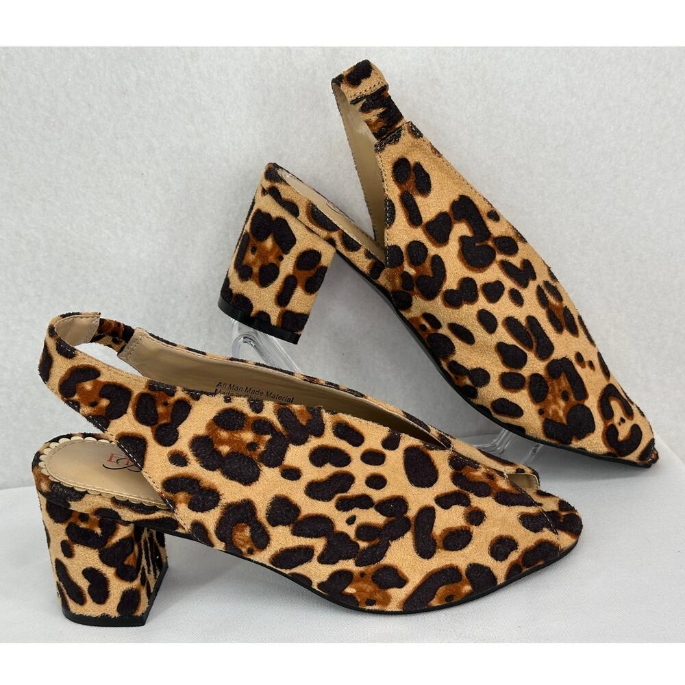 EY Boutique NWOT Leapard Print Open Toe Sling Back Chunky Heels T4708 7M - Picture 2 of 8